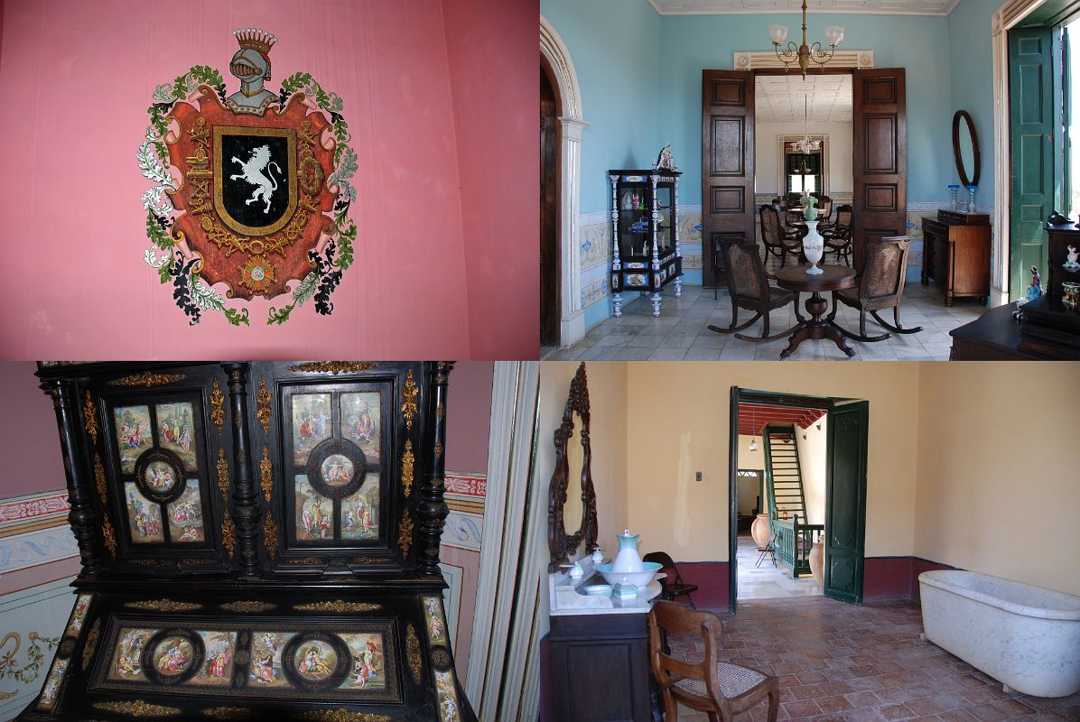 34 Cuba - Trinidad - Plaza Mayor - Palacio Brunet, Museo Romantico - coat of arms, room with porcelain figures, antique Venetian bureau, marble bathtub